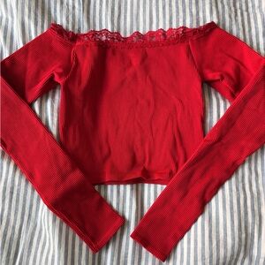 Out From Under Urban Outfitters Off the Shoulder Red Long Sleeve Top with Lace